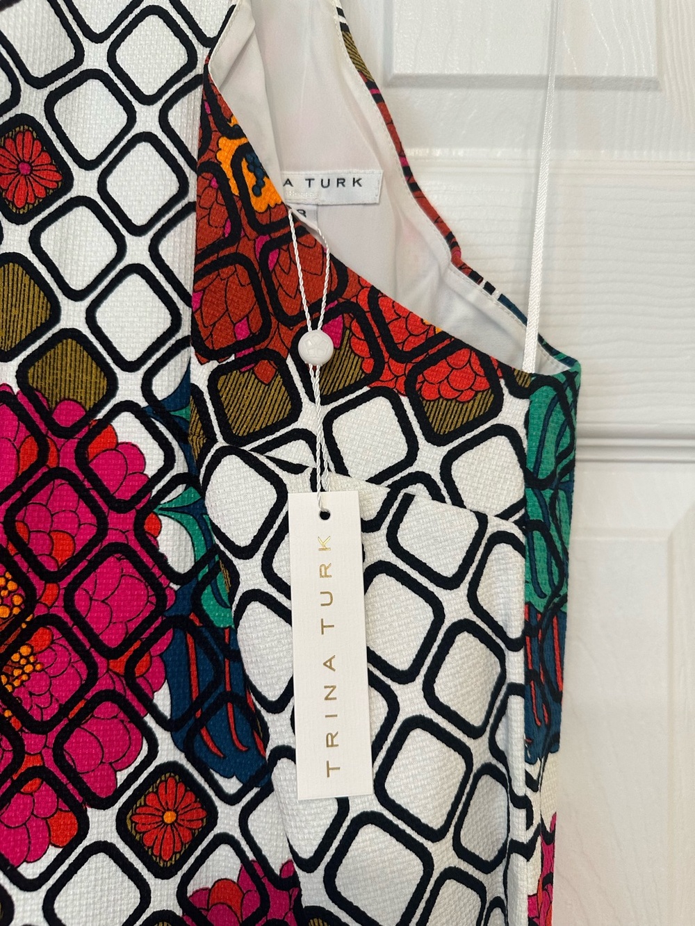 Trina Turk White Print Dress with Pink, Teal, Red & Orange Mosaic Print. - Picture 3 of 4